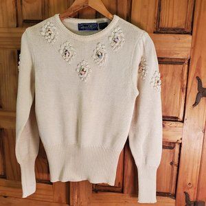 Vintage Sweater with Rosette Accents Flower Ivory Cream Medium Flattering